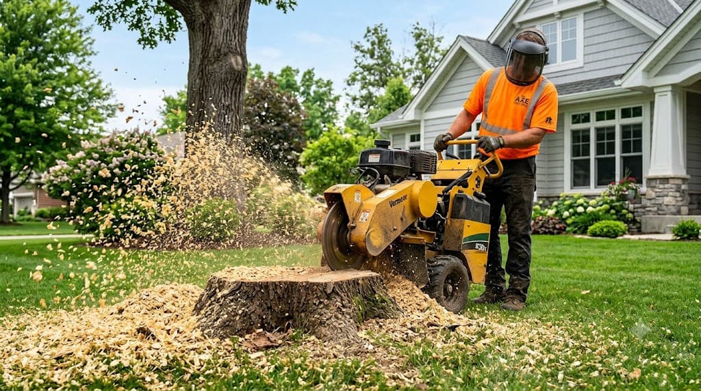 PNW Stump Grinding operator running a tracked stump grinder in a Washington yard